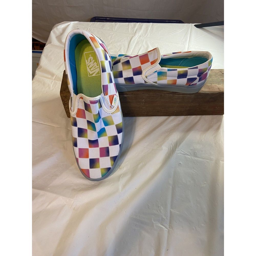 Mens Vans Light Rainbow Checkered Slip-On Shoes-Size‎ 10 -Excellent Condition